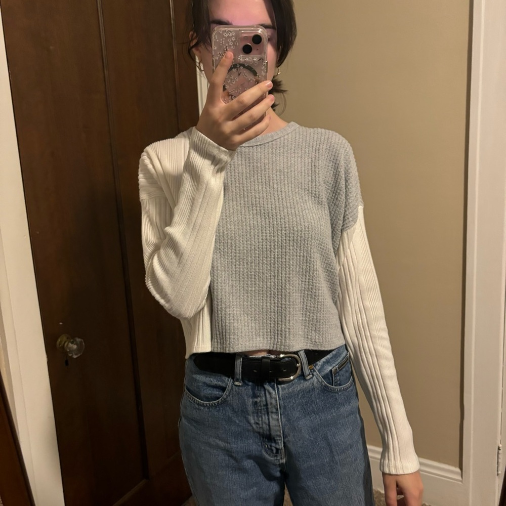 Grey and Cream Medium Asymmetrical Color Block Long Sleeve Sweater